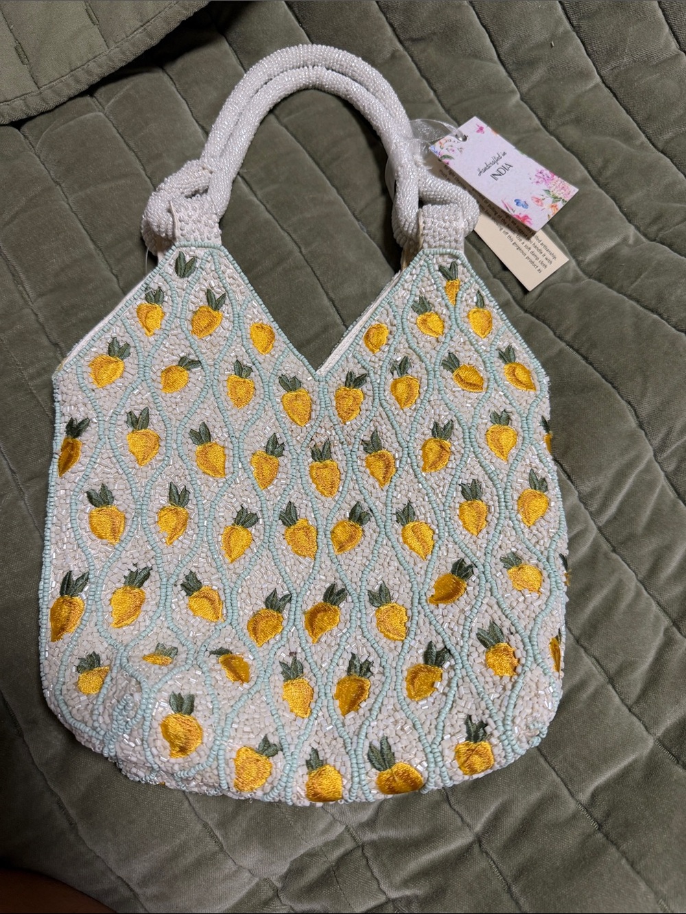 Beaded Pineapple Tote Bag - White and Yellow